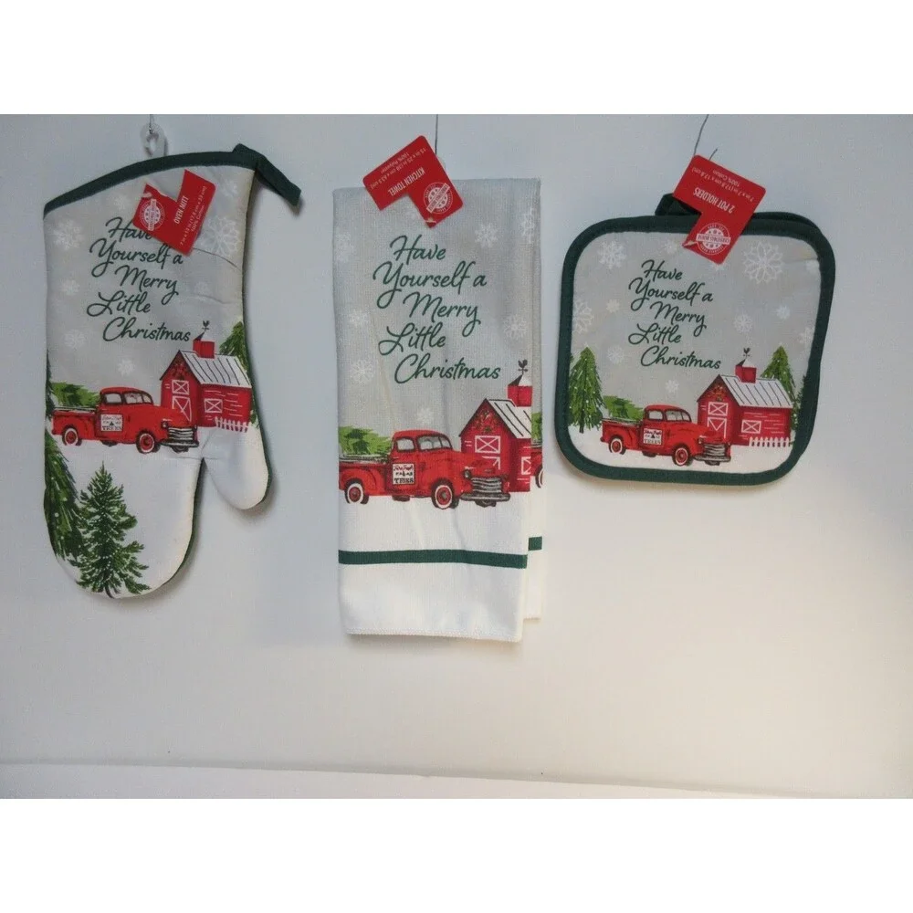 Christmas Holiday Kitchen Towels, Pot Holders, Oven Mitt 4pc Set -Truck & Barn